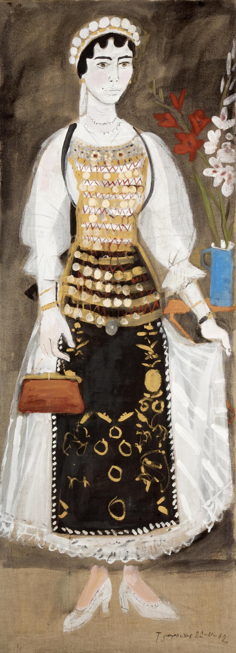 Artwork by Yannis Tsarouchis, Woman from Atalanti with red purse, Made of mixed media on canvas