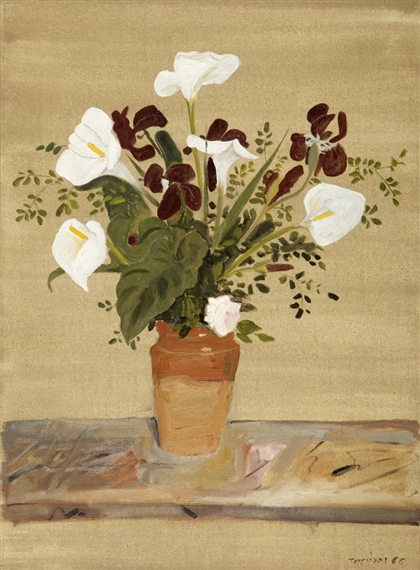 Arum Lillies, Irises and a rose in a terracotta vase by Yannis Tsarouchis, 1966