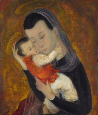 Artwork by Lê Phổ, Maternité, Made of Ink and gouache on silk mounted on paper