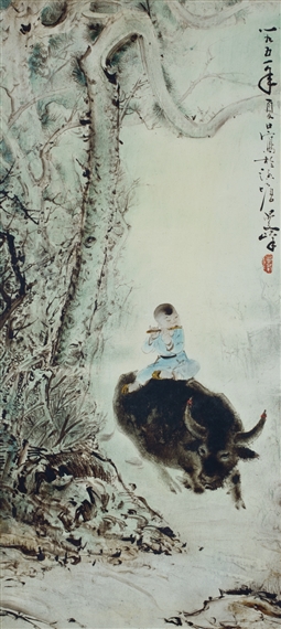 BOY WITH FLUTE ON A BUFFALO by Lee Man Fong, 1951
