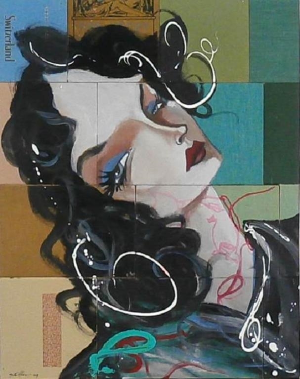 Artwork by Mike Stilkey, PORTRAIT OF A WOMAN, Made of acrylic and multiple canvas boards mounted to panel