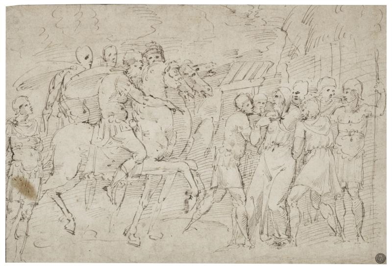 Artwork by Italian School, 16th Century, Figures on horseback approaching a crowd, Made of pen and brown ink on paper