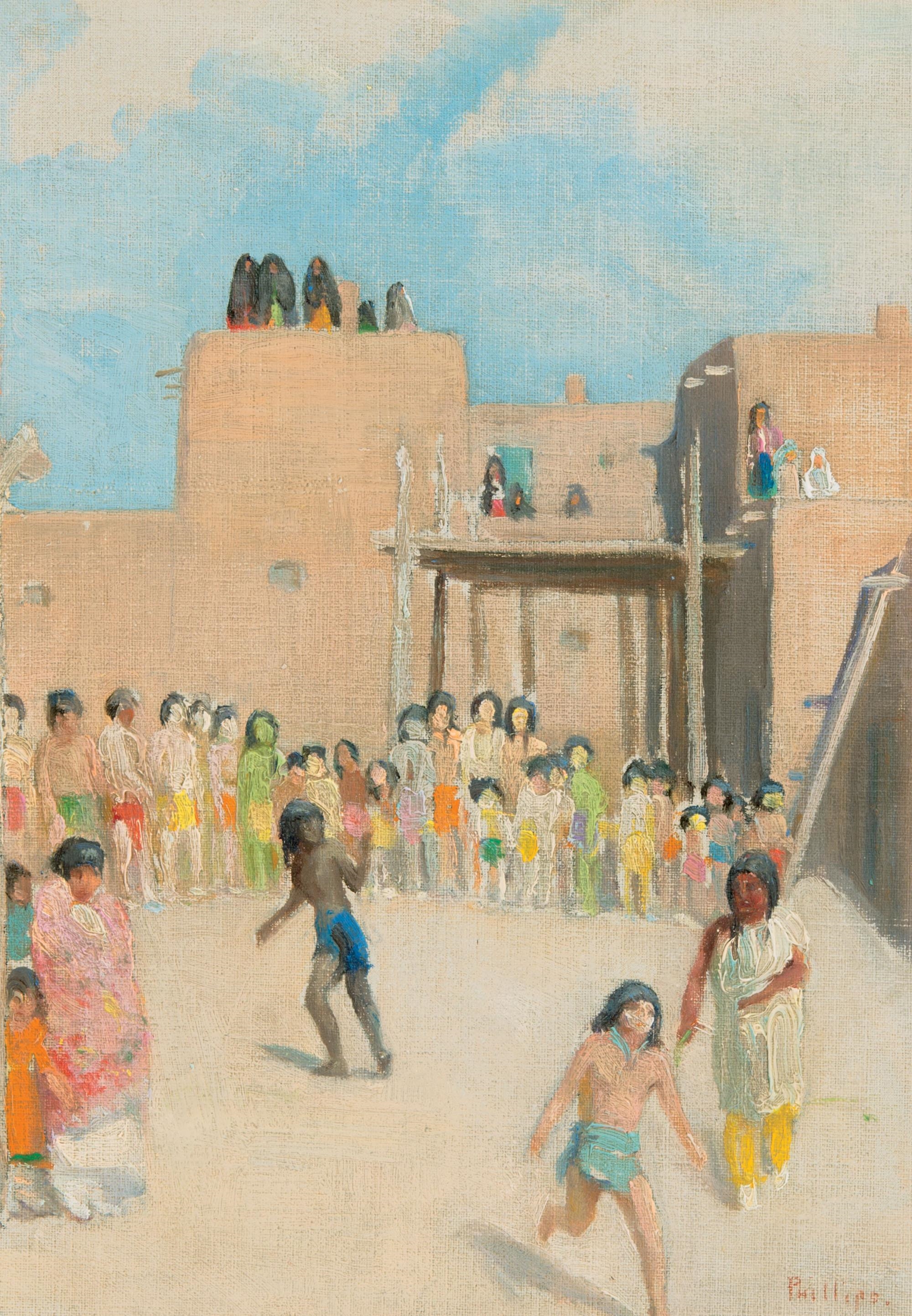Artwork by Bert Phillips, Fun at the Pueblo, Made of Oil on canvas mounted on board