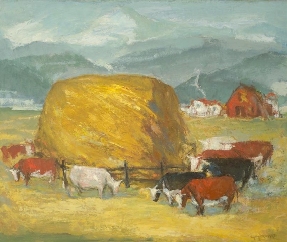 Cattle feeding next to haystack with barn and mountains in the background by Jefferson Tester