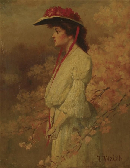 Victorian woman among cherry blossoms by Thaddeus Welch