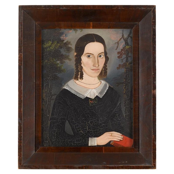 A portrait of a woman in a dark dress holding a red book, framed in wood.