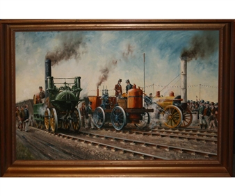 Steam Engines including Stephenson’s Rocket with Crowd of Onlookers - J E Wigston