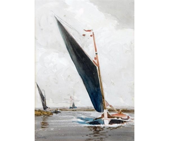 Wherries on the Broads by a Windmill by Charles Mayes Wigg