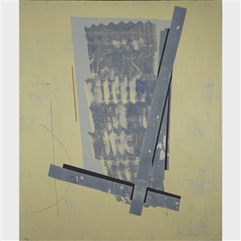 An abstract composition featuring layered geometric shapes and textured forms against a pale background.
