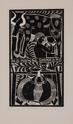 Artwork by John Ndevasia Muafangejo, HE IS MAKING THE SOURMILK, Made of linocut