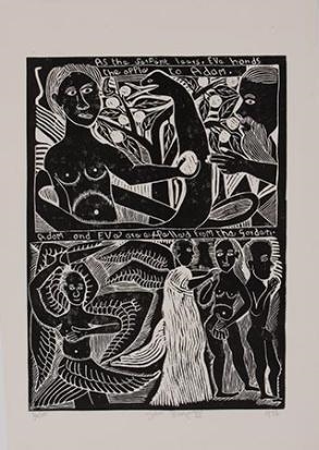 ADAM AND EVE ARE EXPELLED FROM THE GARDEN by John Ndevasia Muafangejo, 1972