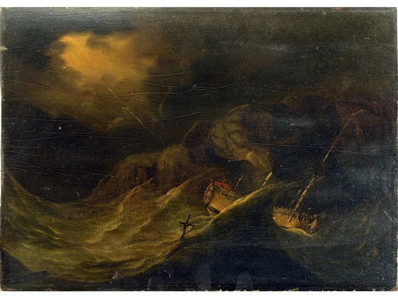 A DISMASTED VESSEL IN HIGH SEAS OFF A ROCKY COAST BY NIGHT - Monamy Swaine