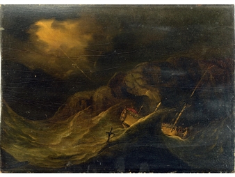 A DISMASTED VESSEL IN HIGH SEAS OFF A ROCKY COAST BY NIGHT - Monamy Swaine