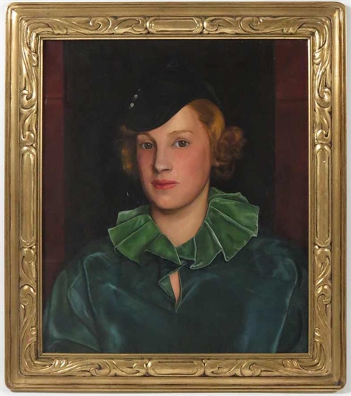 portrait of a woman in green dress by Luigi Lucioni, 1935