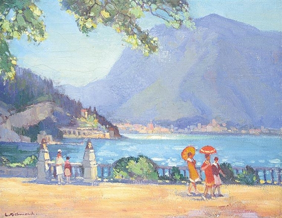 Untitled - Parasols on the Promenade, Lake Como by Leonard Richmond
