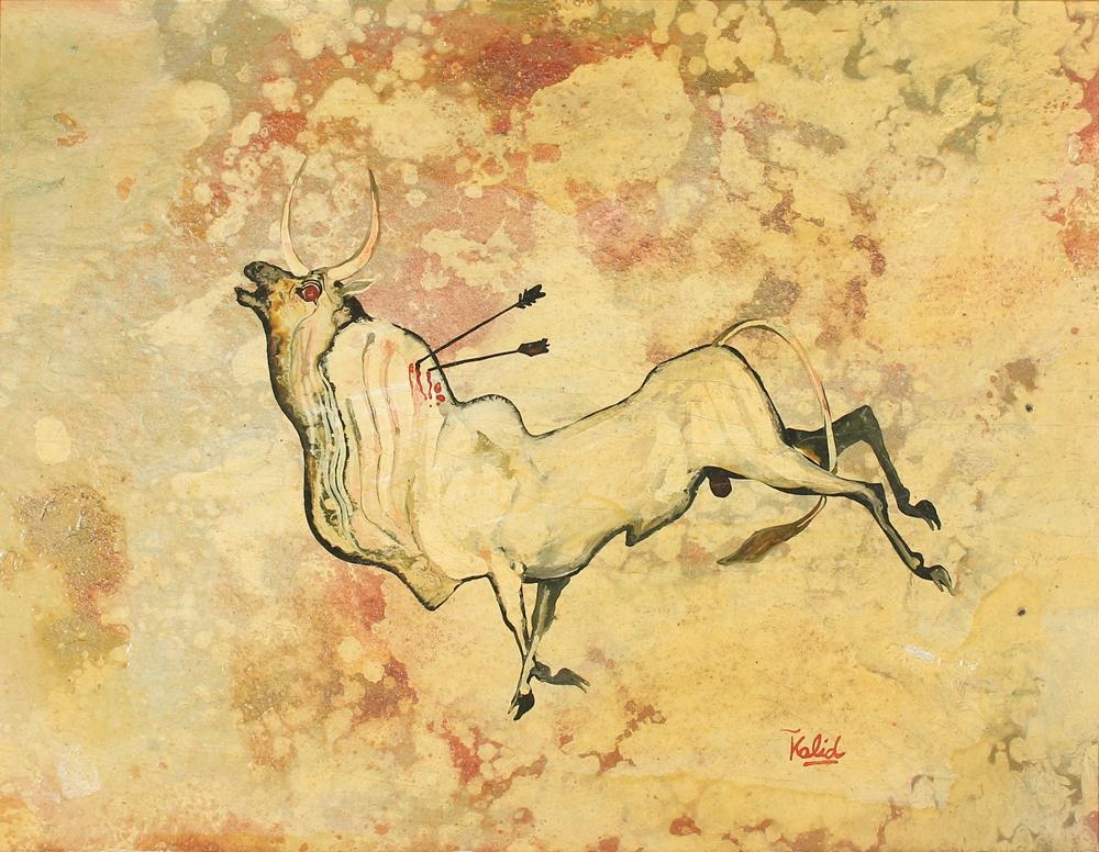 Artwork by Khalid Al Rahal, Injured Bull, Made of oil on board