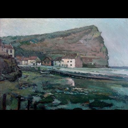 East Coast scene with cottages and cliffs by James Neal