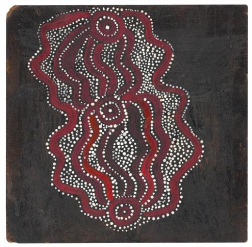 Artwork by Old Walter Tjampitjinpa, Water Dreaming at Kalipinypa, Made of synthetic polymer paint on composition board