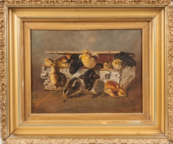 Painting of chicks in birch bark box - Emma M. Newell