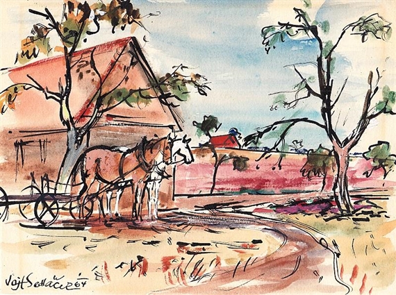 Horses with Carriage by Vojtěch Sedláček, 1964