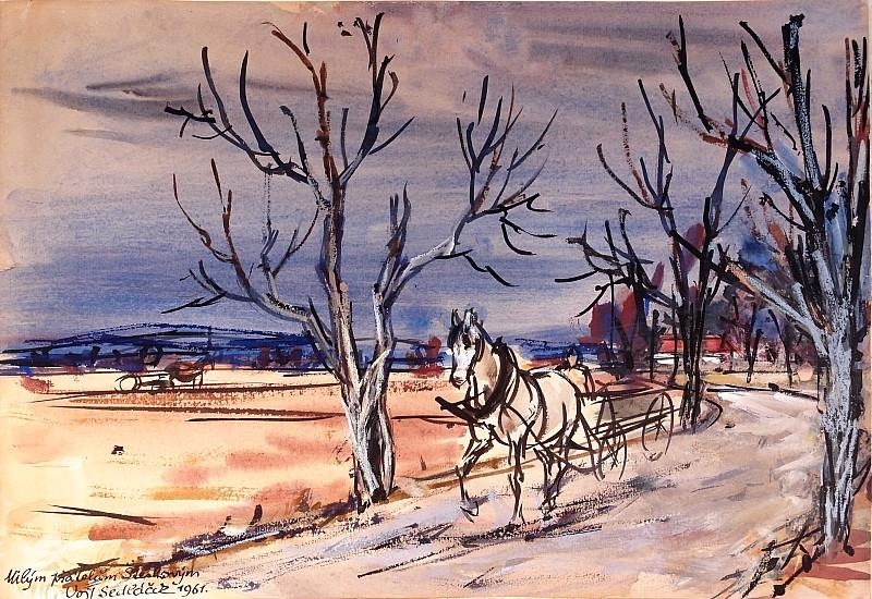Artwork by Vojtěch Sedláček, White Horse with Carriage, Made of Ink, aquarelle on paper
