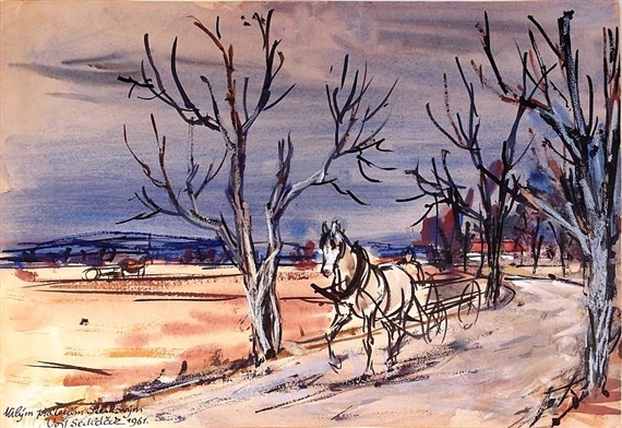 White Horse with Carriage by Vojtěch Sedláček, 1961