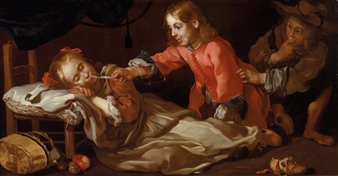 2 works: Sleeping girl with two children playing; Boys quarrelling (Allegory of touch) - Bernhard Keil