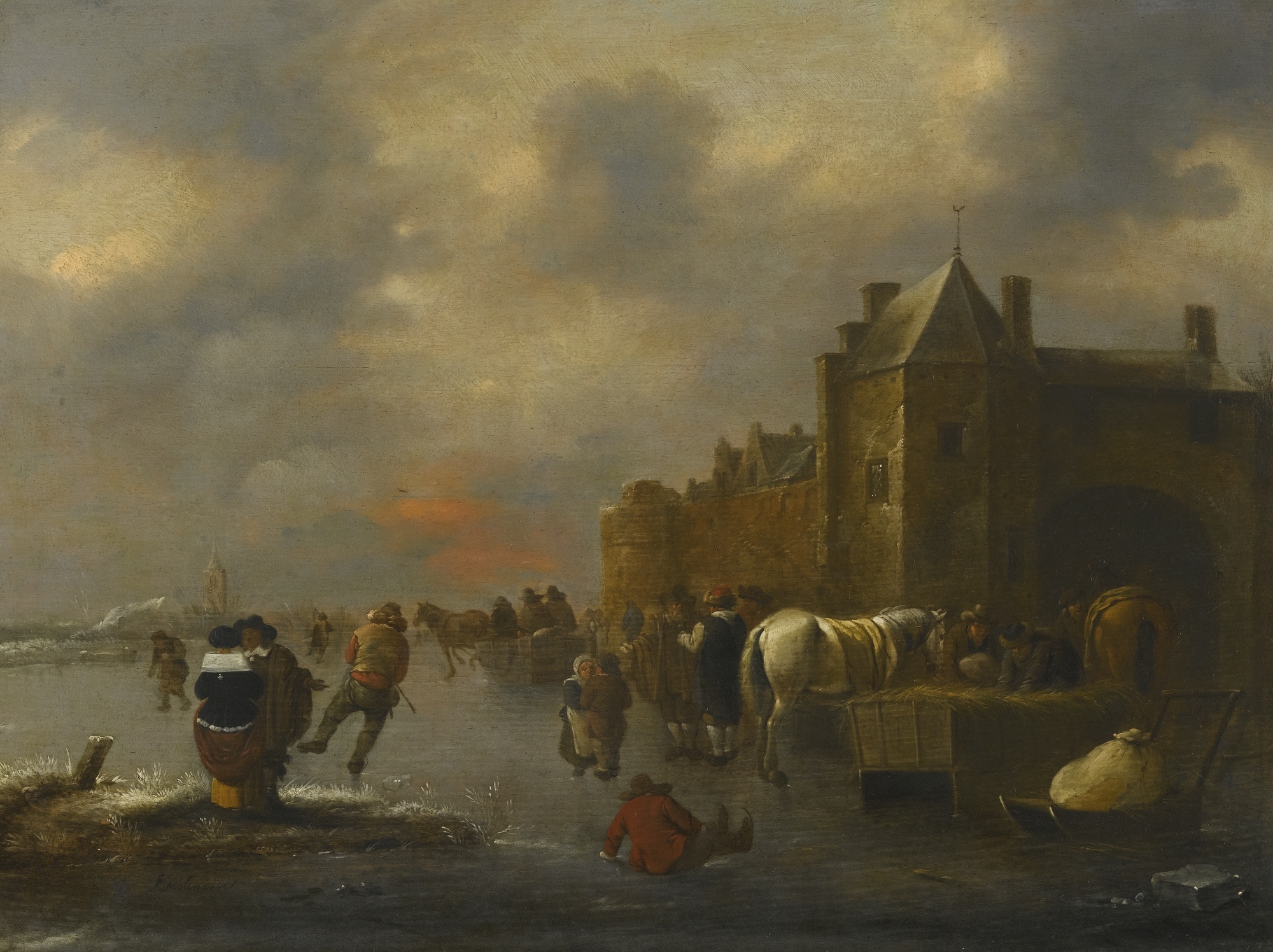 WINTER LANDSCAPE WITH SKATERS ON A RIVER NEAR A WALLED TOWN by Klaes Molenaer