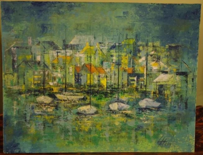 Artwork by Lynda Hess, Yachts in Bay, Made of oil on canvas board