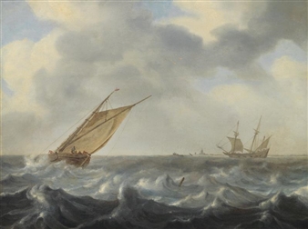 A fishing cutter and a two-master in choppy seas near a coast - Arnoldus van Anthonissen