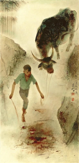 Boys and Buffalo by Lee Man Fong, 1960