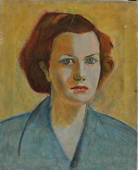 Red haired woman with blue eyes and blue dress by James P. Bonelli