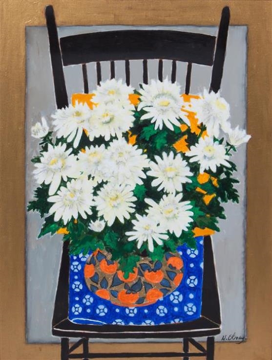 Artwork by Helen Olney, Daisies on the Chair, Made of oil on masonite