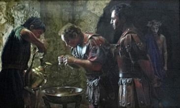 Artwork by Kees Bruin, Christ with Pilate Washing Hands, Made of Mixed media on board