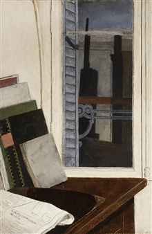 A quiet interior scene featuring stacked books and a newspaper on a wooden desk, viewed through a window into a shadowy exterior.