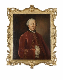Half Length Portrait of a Gentleman in a Burgundy Coat with Lace Cuffs - Jakob Wessel