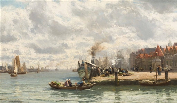 A Busy Harbour Scene by David Farquharson, 1889