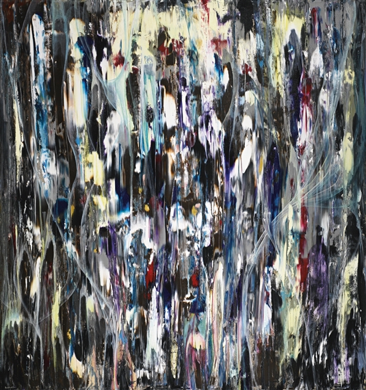 A chaotic abstract composition of dripping paint in dark and bright tones.