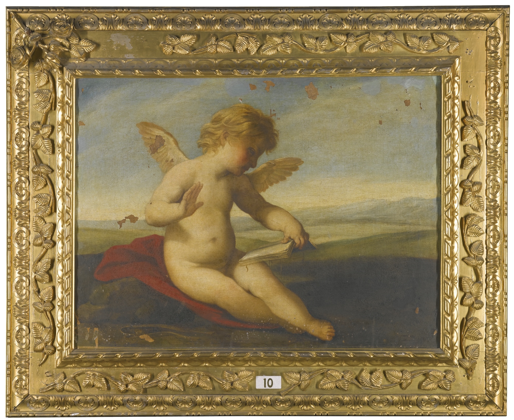 Artwork by Roman School, 19th Century, PUTTO READING, IN A LANDSCAPE, Made of oil on canvas