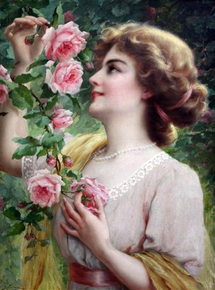 Lady picking pink roses by Émile Vernon, 1911