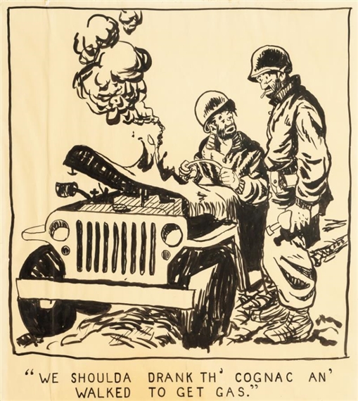 We shoulda drank th' Cognac an' Walked to Get Gas, WWII Willie & Joe Cartoon