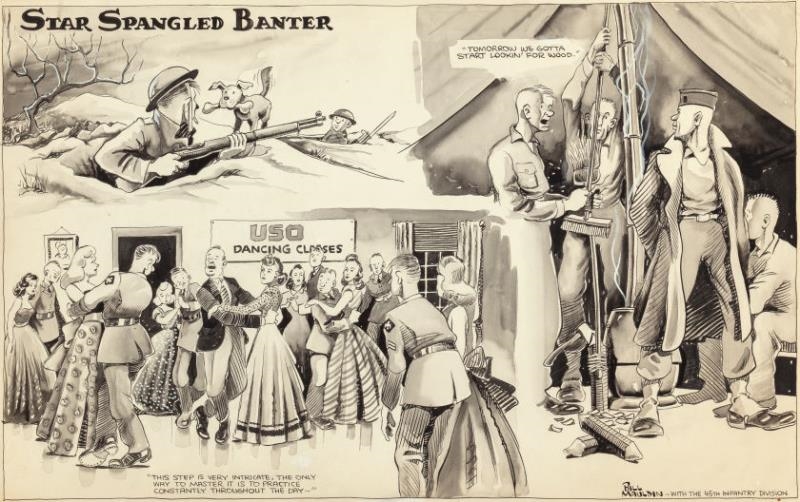 Artwork by William Henry Mauldin, Star Spangled Banter, Bill Mauldin with the 45th Infantry Division, Illustration Banner, Made of Ink wash on paper laid on board