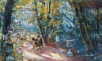 A sun-dappled garden scene featuring a painter, a child, and ornate urns amidst vibrant foliage.