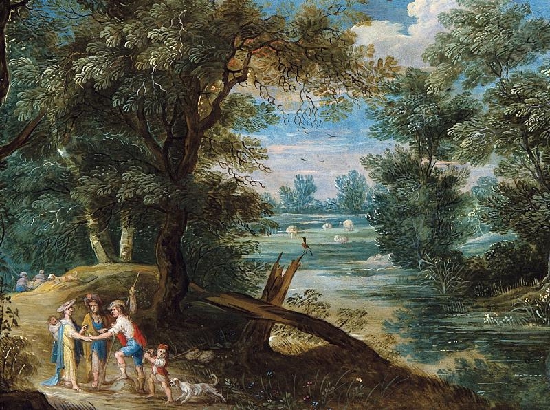 Artwork by Gillis Coignet II, An encounter by the waterside in a woody landscape, Made of Oil on copper