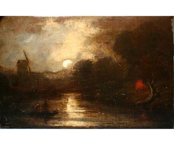 A Moonlit River Landscape with Figures in Punt in Foreground, Windmill in Distances by John Berney Crome