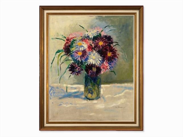 Artwork by Theodor Werner, Flowers and a Self-Portrait, Made of Oil on canvas