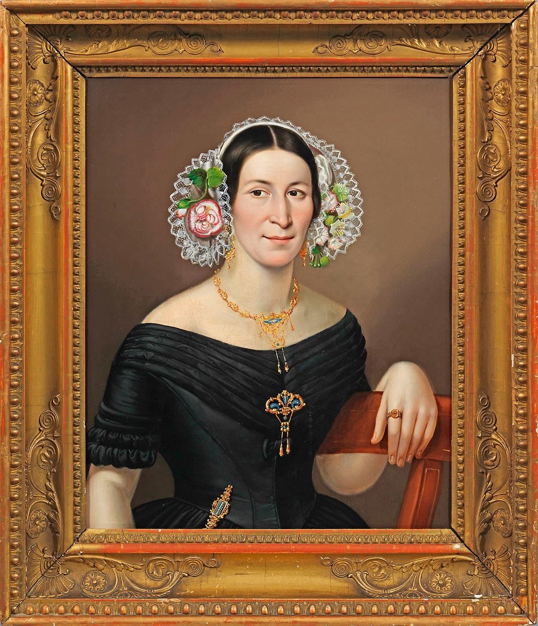 Artwork by German School, 18th Century, Portrait of a lady with gold jewellery and a flower-bedecked bonnet, Made of Oil on canvas