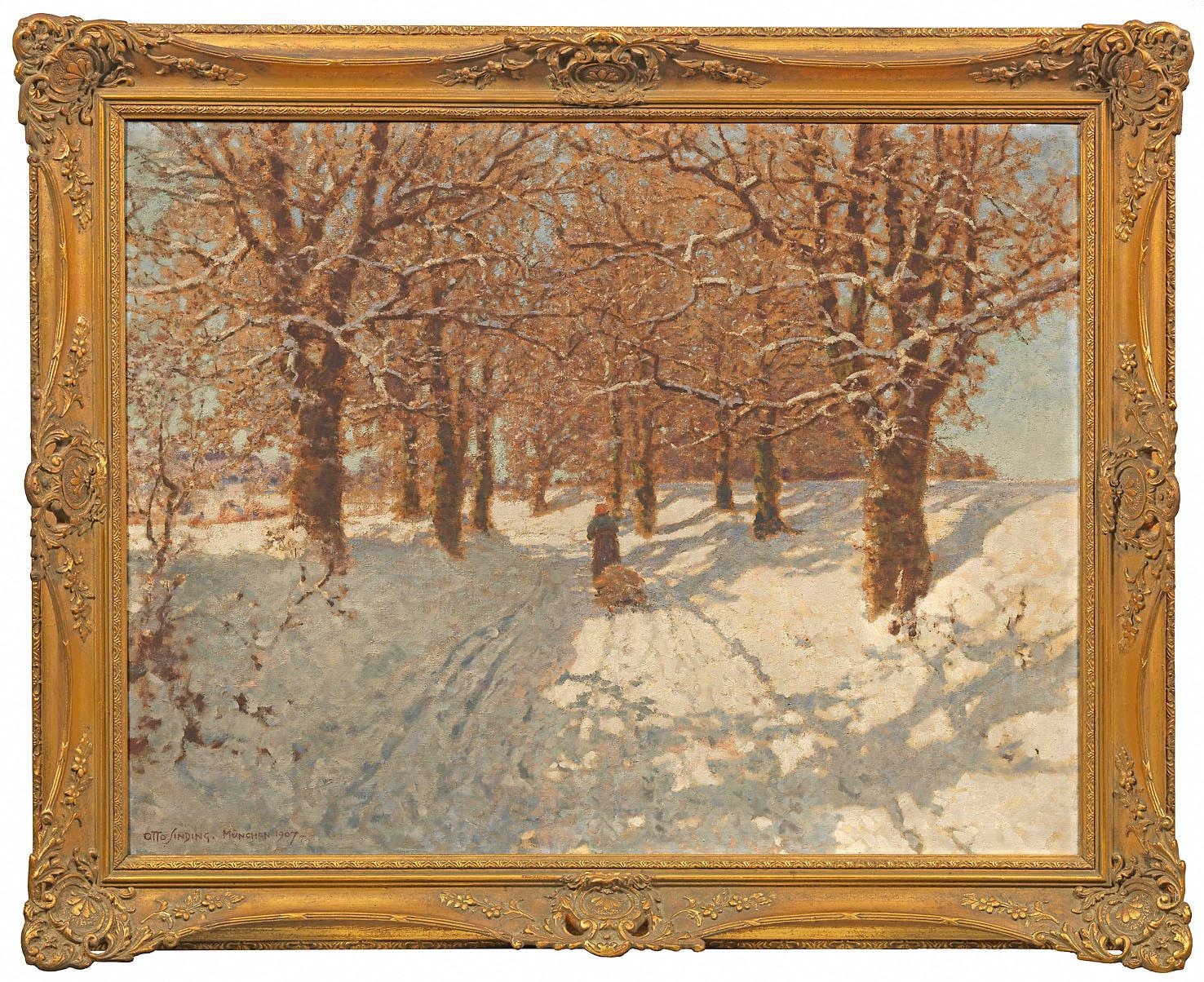 Artwork by Otto Sinding, Snowy winter landscape with a peasant woman on an oak avenue, Made of Oil on canvas