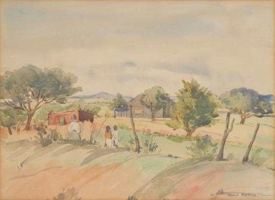 Rural Landscape with Figures, Trees and Distant Dwellings - Battiss Grace