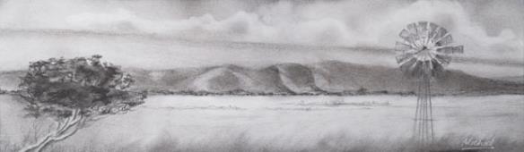 Artwork by Michael La Guerenne, 2 Works: Landscape with Windmill; Afrikaaner Bull, Free State RSA, Made of charcoal and graphite on paper